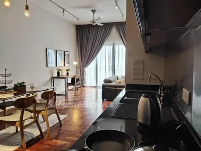 a kitchen and living room with a table and chairs at The Mews KLCC by Homebrickz in Kuala Lumpur