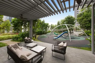 a patio with a playground with a slide at Agile Bukit Bintang by Avery at KLCC#5 mins to Pavilion &TRX#Garden Pool#Free Parking#中英文房东 in Kuala Lumpur