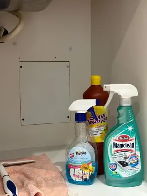 two bottles of cleaning products sitting on top of a counter at Arcoris SOHO Mont Kiara 2B2B, Home Stay in Kuala Lumpur