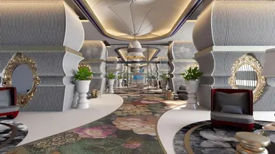 a rendering of the interior of a cruise ship with chairs and mirrors at RuangWaktu at Arte Mont Kiara in Kuala Lumpur
