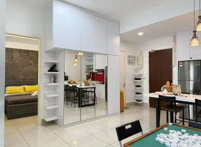 a kitchen and a living room with a pool table at Infinity Pool 7pax City Homestay KL Mrt Velo TRX in Kuala Lumpur