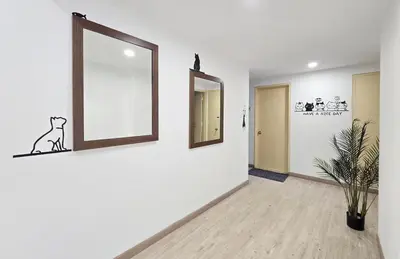 a hallway with a mirror and a dog on a wall at The Meow Loft Fahrenheit Bukit Bintang Kuala Lumpur - Pavilion - KLCC in Kuala Lumpur