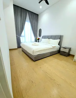 a bedroom with a bed and a large window at Lucentia Residence Infinity swimming pool BY Lalaport in Kuala Lumpur