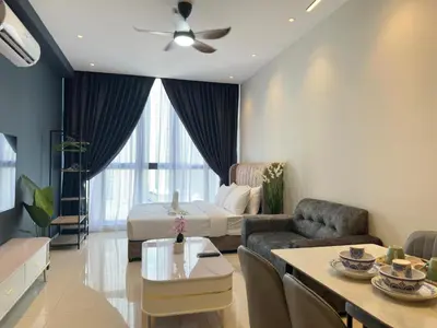 a living room with a bed and a couch at Luxury couple suite 1906B at KLCC in Kuala Lumpur