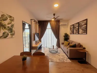 a living room with a couch and a ceiling fan at 2BR with Balcony High Floor, Henna Residence Near LRT Sri Rampai & Wangsa Walk Mall in Kuala Lumpur