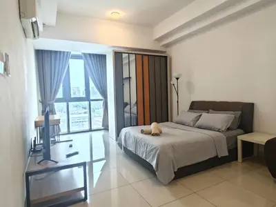 a bedroom with a bed and a desk and window at 01 Kuala Lumpur KL Mid Valley The Garden 9Seputeh Vivo Soho 2PAX in Kuala Lumpur