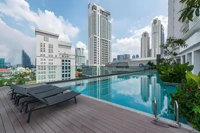 a balcony with a pool in a city with tall buildings at KLCC Quill Residences by Avery #Located in the City Center #10 mins walk to Twin Towers #Infinity pool#\u4e2d\u82f1\u6587\u623f\u4e1c in Kuala Lumpur