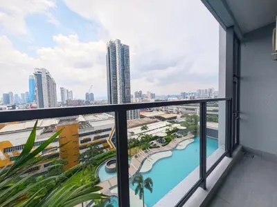 a balcony with a view of a city at TRION POOL & KL City View The 110 Family Suite in Kuala Lumpur