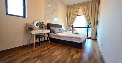 a bedroom with a bed and a desk and a window at New 5 min Gleneagles Hospital 10 min KLCC in Kuala Lumpur
