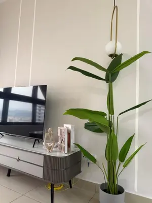 a living room with a tv and a potted plant at Modern KL City M vertica condo near MRT, TRX & Sunway Velocity, infinity pool & Parking in Kuala Lumpur