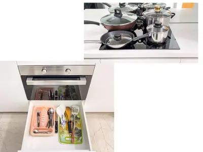 an open refrigerator filled with food and utensils at Garden City of Lights Vortex Suites in Kuala Lumpur