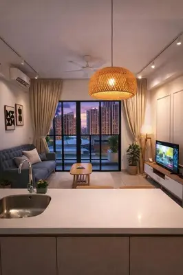 a kitchen and living room with a couch and a television at Trion Kuala Lumpur in Kuala Lumpur