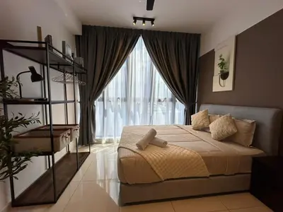 a bedroom with a bed and a large window at service apartment majestic city center klcc in Kuala Lumpur