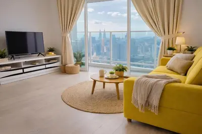 a living room with a yellow couch and a tv at Trion Kuala Lumpur in Kuala Lumpur