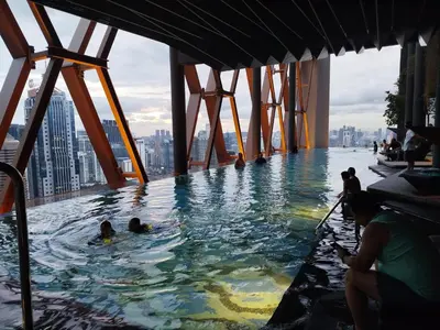 a group of people in a swimming pool on a skyscraper at Scarletz suites Klcc by Sunlight in Kuala Lumpur