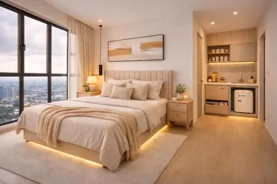 a bedroom with a large bed with a large window at THRÉS Signature - Trion KL in Kuala Lumpur