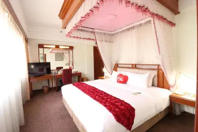 a bedroom with a large bed with a pink canopy at Hotel Grand Continental Kuala Lumpur in Kuala Lumpur