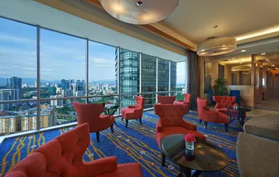 a hotel room with a view of the city at St Giles Mid Valley Kuala Lumpur in Kuala Lumpur