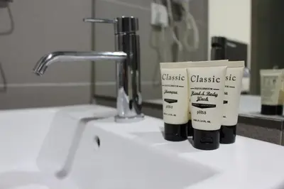 a bathroom sink with two toothbrushes and a faucet at V Garden Hotel in Kuala Lumpur