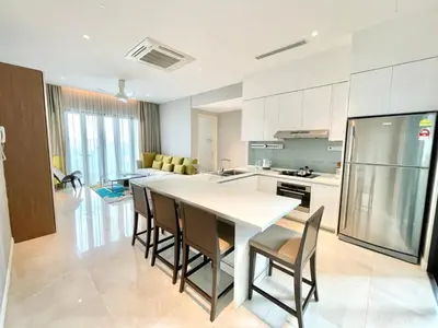 a kitchen with a table and chairs in a room at KLCC Luxury Condo Damai 88 Near Gleneagles Hospital in Kuala Lumpur