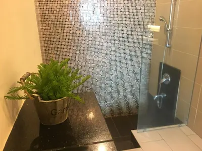 a potted plant sitting on a counter in a bathroom at Deluxe Swiss Garden Residences Bukit Bintang City Center in Kuala Lumpur