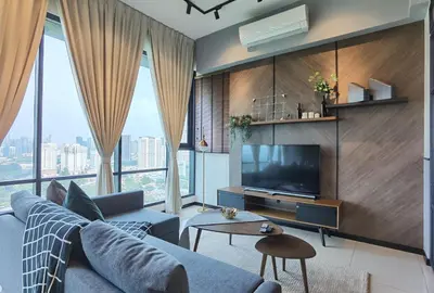 a living room with a blue couch and a tv at MyCrib Opus Recidence 3 bedroom BBintang in Kuala Lumpur