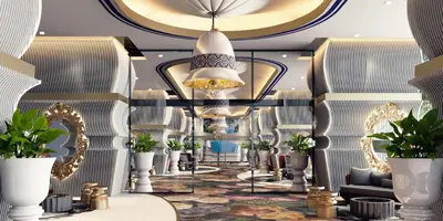 a lobby with potted plants and a chandelier at ARTE MONT KIARA BY PSM Luxury Suites in Kuala Lumpur