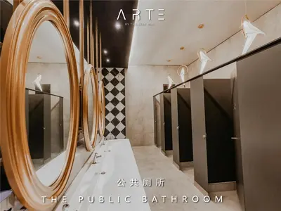a dressing room with a mirror and some stalls at Arte Mont Kiara Luxury Suite with Heated Jacuzzi Pods - Free Parking - Next to MITEC- by The Stay Hub in Kuala Lumpur