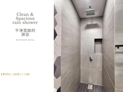 a bathroom with a shower with gray tile at Ceylonz Suites KL Studio near Bukit Bintang - Living Signature in Kuala Lumpur