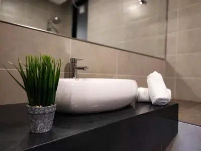 a bathroom with a sink and a plant on a counter at KL Gateway Premium Residence I HomeBrickz in Kuala Lumpur