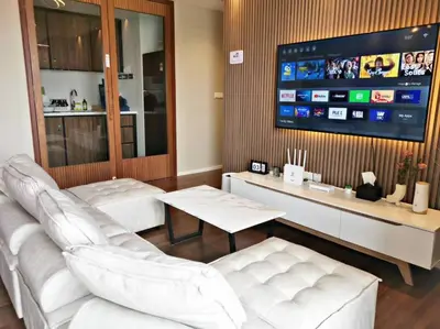 a living room with white furniture and a flat screen tv at ※THE UNIQUE HOME @ KL※ SUNWAY VELOCITY-TRX ◆2-7PAX in Kuala Lumpur