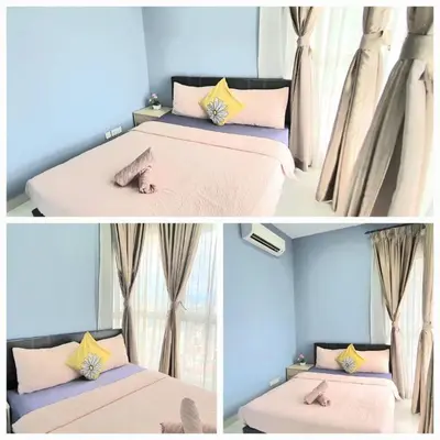 two pictures of a bedroom with two beds at Regalia Suites KLCC View Rooftop Infinity Pool by SHI in Kuala Lumpur
