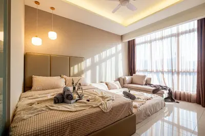a bedroom with two beds and a large window at Dorsett Residences Hartamas Kuala Lumpur by Feel Home in Kuala Lumpur