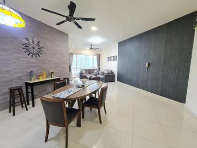 a kitchen and living room with a table and chairs at Crest Residence Klcc Bukit Bintang by Sarah's Lodge in Kuala Lumpur