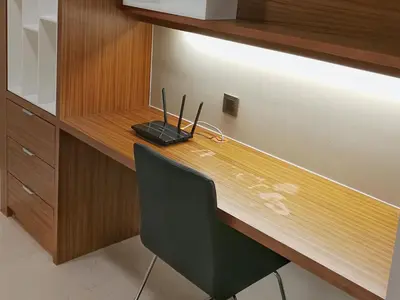 a desk with a laptop computer sitting on top of it at Luxury 2BR Home in Vortex Stunning KL Tower View Free WiFi in Kuala Lumpur