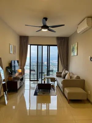 a living room with a couch and a ceiling fan at 7PAX Kepong DesaPark Publika MontKiara 100Mbps in Kuala Lumpur