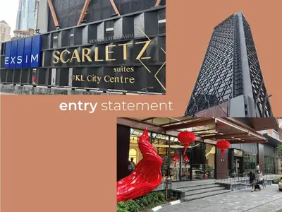 a red dress sculpture in front of a building at Scarletz Suites • KLCC • King Bed (L) in Kuala Lumpur