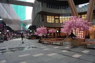 a person walking through a shopping mall with pink trees at Harmony Luxury Suites At Lucentia Bukit Bintang City Center in Kuala Lumpur